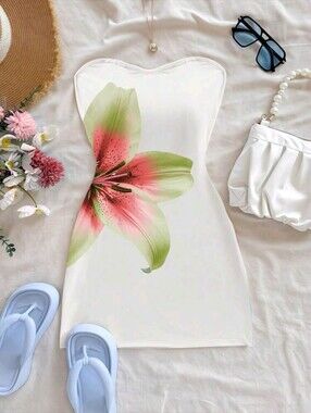 INAWLY  Lily Flower Print Fitted Tube Dress
